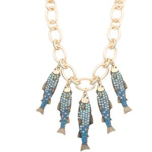 Betsey Johnson Gold-tone Necklace with Blue and Aqua Crystal Fish Charms